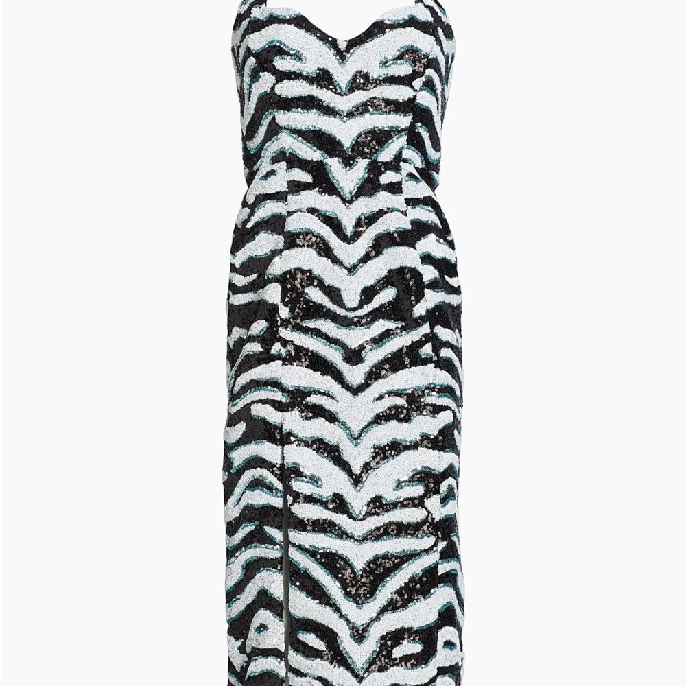 Elegant Strapless Sequined Black and White Zebra Print Dress